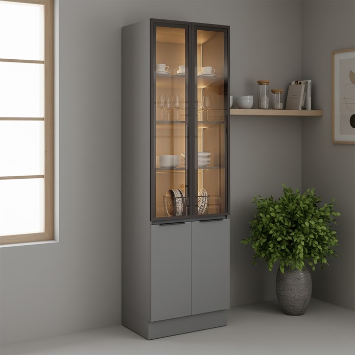 Paneleiro de Cozinha Lumina 700mm com Iluminação e com Rodapé 2 Portas com Vidro Cinza/Cinza - Telasul