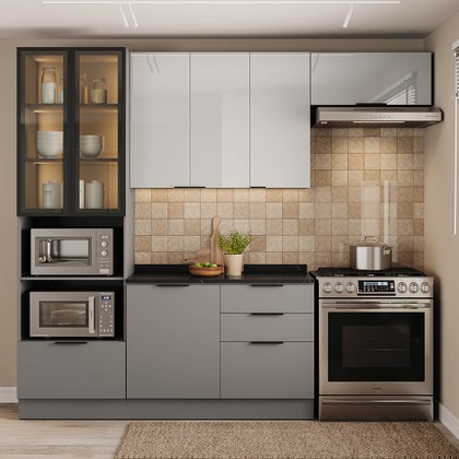 Cozinha Telasul Lumina 4 Peças com Paneleiro para Forno e Micro com Vidro Fumê e Iluminação Cinza/Lacca - Telasul