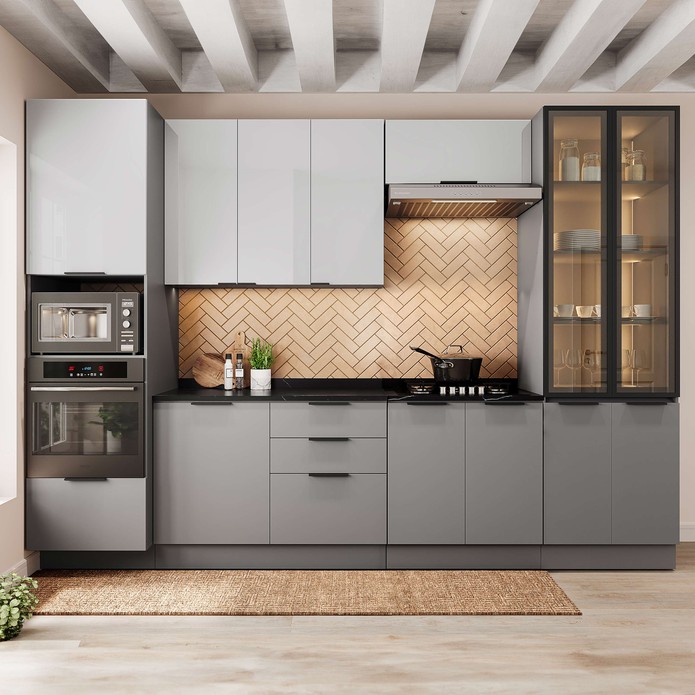 Cozinha Telasul Lumina 6 Peças com Paneleiro para Forno e Micro com Vidro Fumê e Iluminação Cinza/Lacca - Telasul