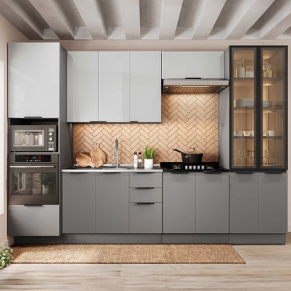 Cozinha Telasul Lumina 6 Peças com Paneleiro para Forno e Micro com Vidro Fumê e Iluminação S/ Tampo Cinza/Lacca - Telasul