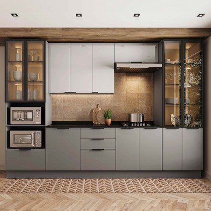 Cozinha Telasul Lumina 6 Peças com Paneleiro para Forno e Micro com Vidro Fumê e Iluminação Cinza/Lacca - Telasul