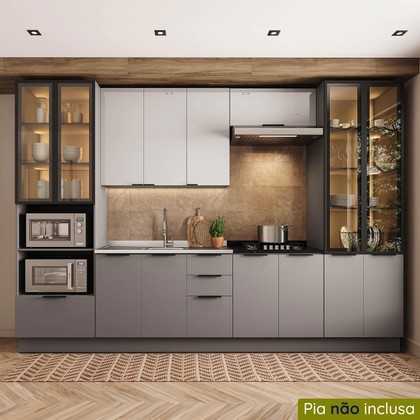 Cozinha Telasul Lumina 6 Peças com Paneleiro para Forno e Micro com Vidro Fumê e Iluminação S/ Tampo Cinza/Lacca - Telasul