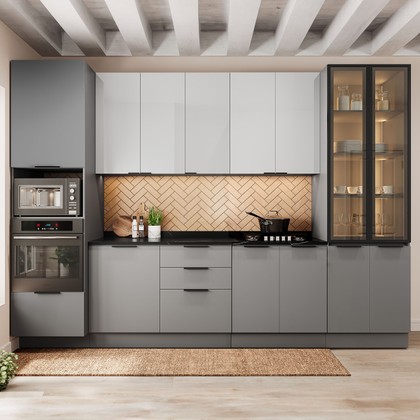 Cozinha Telasul Lumina 6 Peças com Paneleiro para Forno e Micro com Vidro Fumê e Iluminação Cinza/Lacca - Telasul