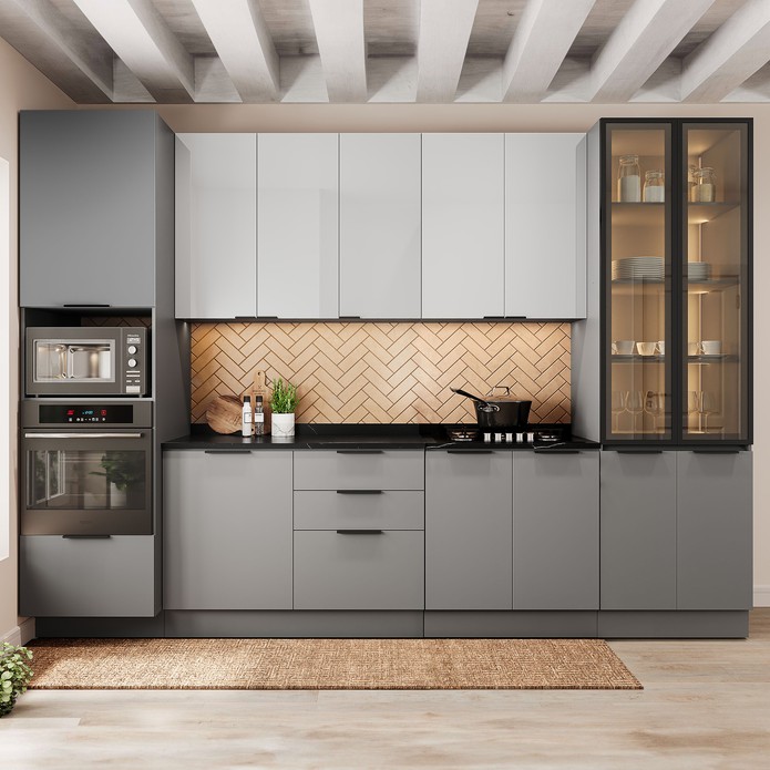 Cozinha Telasul Lumina 6 Peças com Paneleiro para Forno e Micro com Vidro Fumê e Iluminação Cinza/Lacca - Telasul