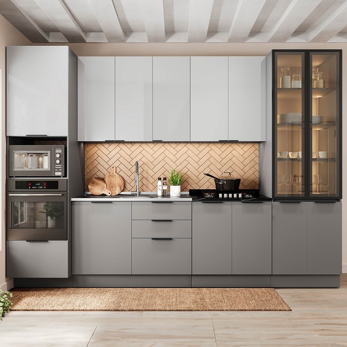 Cozinha Telasul Lumina 6 Peças com Paneleiro para Forno e Micro com Vidro Fumê e Iluminação S/ Tampo Cinza/Lacca - Telasul