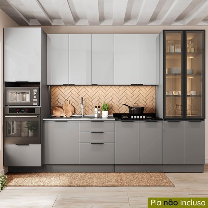 Cozinha Telasul Lumina 6 Peças com Paneleiro para Forno e Micro com Vidro Fumê e Iluminação S/ Tampo Cinza/Lacca - Telasul