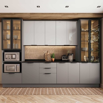 Cozinha Telasul Lumina 6 Peças com Paneleiro para Forno e Micro com Vidro Fumê e Iluminação Cinza/Lacca - Telasul