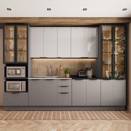 Cozinha Telasul Lumina 6 Peças com Paneleiro para Forno e Micro com Vidro Fumê e Iluminação S/ Tampo Cinza/Lacca - Telasul