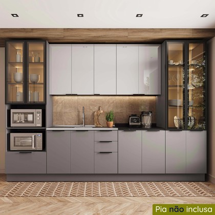 Cozinha Telasul Lumina 6 Peças com Paneleiro para Forno e Micro com Vidro Fumê e Iluminação S/ Tampo Cinza/Lacca - Telasul