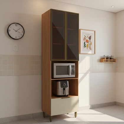 Paneleiro de Cozinha Lumina 700mm para Micro e Forno 2 Portas com Vidro e 1 Gaveta Arenas/Freijó - Telasul