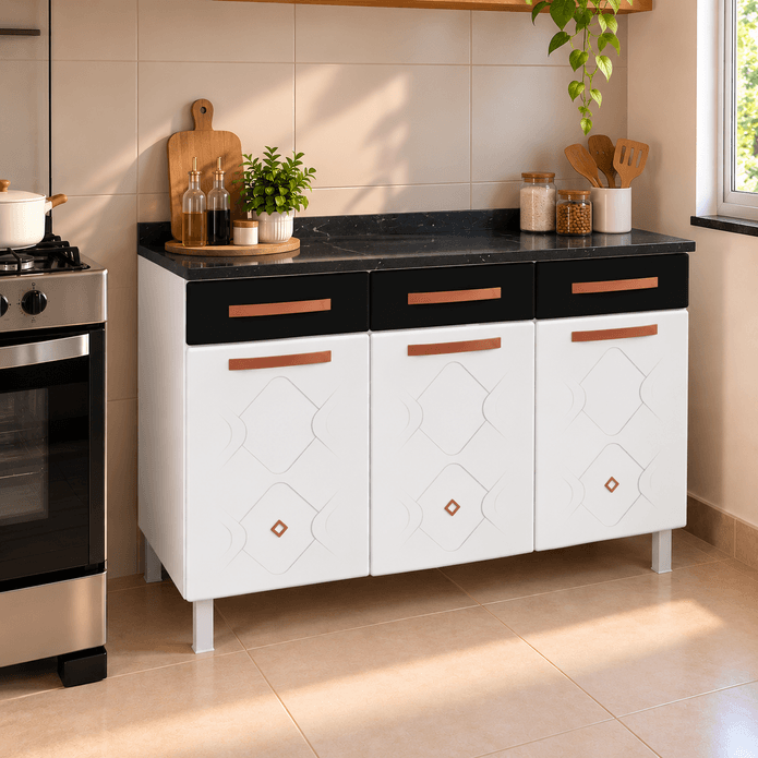 Balcão de Cozinha de Aço Triplo Mirage New C/ Tampo Branco/Preto - Telasul
