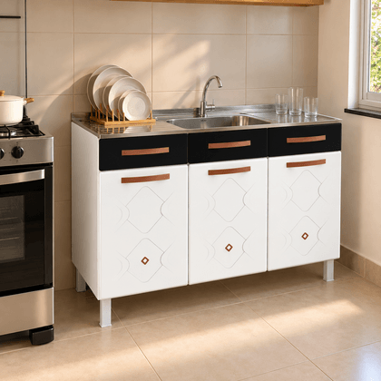 Balcão de Cozinha de Aço Triplo Mirage New S/ Tampo P/ Pia Branco/Preto - Telasul