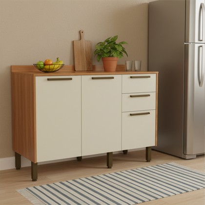 Balcão de Cozinha Fiorela 1200mm com Tampo 3 Portas 2 Gavetas Arenas/Freijó - Telasul