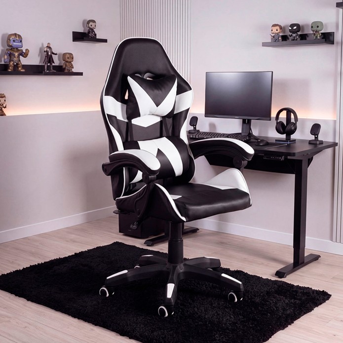 Cadeira Gamer Escritório Reclinável Giratória Assento Couro Preto/Branco - Telasul