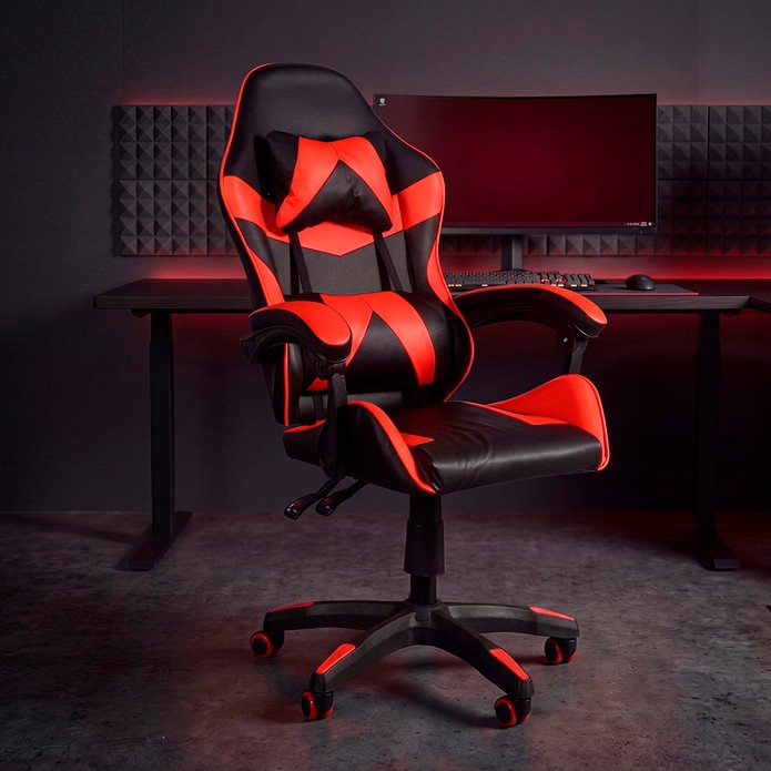 Cadeira Gamer Escritório Reclinável Giratória Assento Couro Preto/Vermelho - Telasul