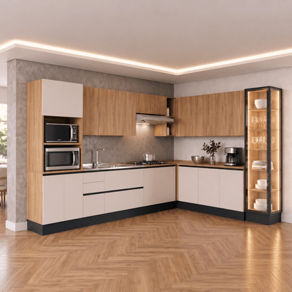 Cozinha Duna para Forno e Micro com Cristaleira Dupla com Iluminação e Rodapé Jatobá/Arenas - Telasul