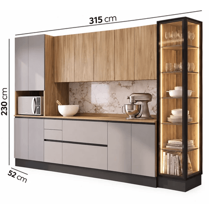 Cozinha Duna para  Micro com Cristaleira Dupla com Iluminação e Rodapé Jatobá/Cinza - Telasul