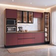 Cozinha Duna para Forno e Micro Aéreo com Vidro Cristaleira com Iluminação e Rodapé Jatobá/Marsala - Telasul