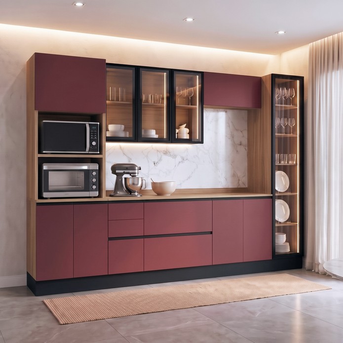 Cozinha Duna para Forno e Micro Aéreo com Vidro Cristaleira com Iluminação e Rodapé Jatobá/Marsala - Telasul