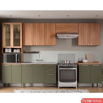 Cozinha Completa Sálvia 6 Peças C/ Paneleiro de Vidro Freijó/Verde - Telasul