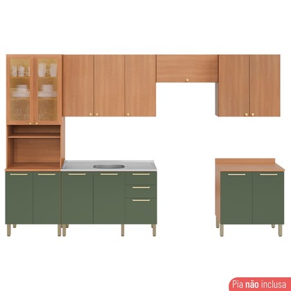 Cozinha Completa Sálvia 6 Peças C/ Paneleiro de Vidro Freijó/Verde - Telasul