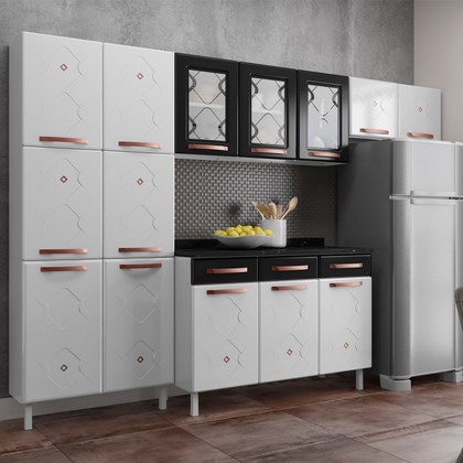 Cozinha Aço Completa Mirage New 3vidros C/Balcão Branco/Preto - Telasul