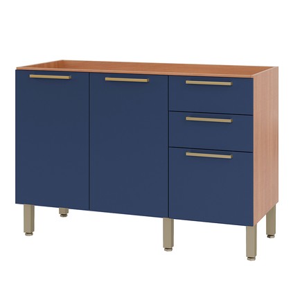 Balcão Gabinete Sálvia 120cm para Pia 3 Gavetas Freijó/Azul - Telasul