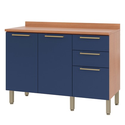 Balcão Gabinete Sálvia 120cm com Tampo 2 Portas 3 Gavetas Freijó/Azul - Telasul