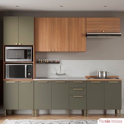 Cozinha Completa Sálvia C/ Torre Quente e Balcão Freijó/Verde - Telasul