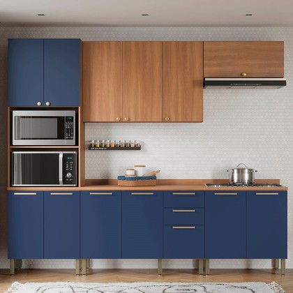 Cozinha Completa Sálvia C/ Torre Quente e Balcão Freijó/Azul - Telasul