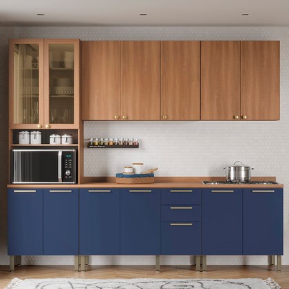 Cozinha Completa Sálvia com Paneleiro e Balcão  Freijó/Azul - Telasul