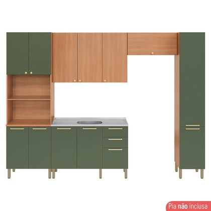 Cozinha Completa Sálvia 5 Peças C/ Armário e Balcão Freijó/Verde - Telasul