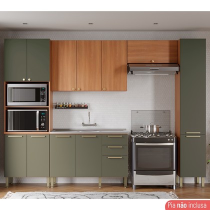 Cozinha Completa Sálvia 5 Peças C/ Armário e Balcão Freijó/Verde - Telasul