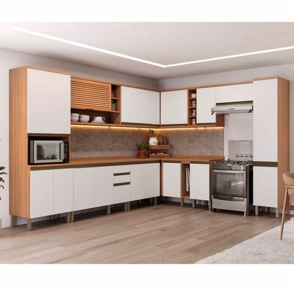 Cozinha Completa de Canto Macadâmia 19 Portas 3 Gavetas Freijó/Branco - Telasul