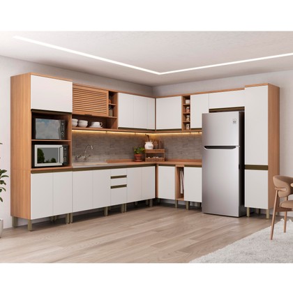 Cozinha Completa de Canto Macadâmia 18 Portas 3 Gavetas Freijó/Branco - Thela