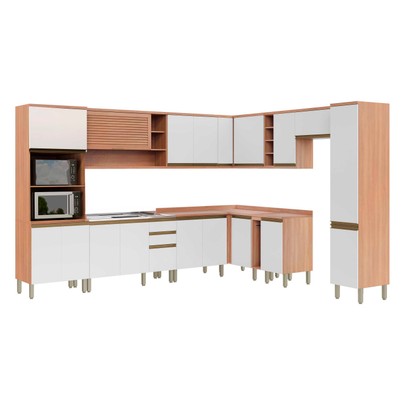 Cozinha Completa de Canto Macadâmia 18 Portas 3 Gavetas Freijó/Branco - Thela