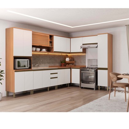 Cozinha Completa Canto Macadâmia 19 Portas 3 Gavetas Freijó/Branco - Thela