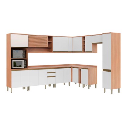 Cozinha Completa Canto Macadâmia 18 Portas 3 Gavetas Freijó/Branco - Thela