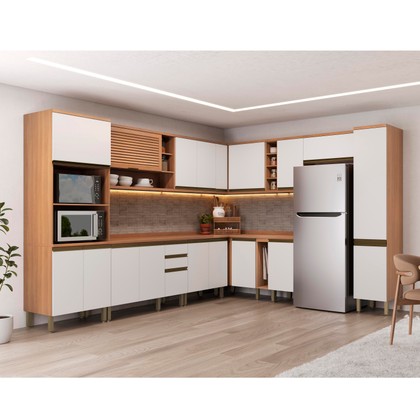 Cozinha Completa Canto Macadâmia 18 Portas 3 Gavetas Freijó/Branco - Thela
