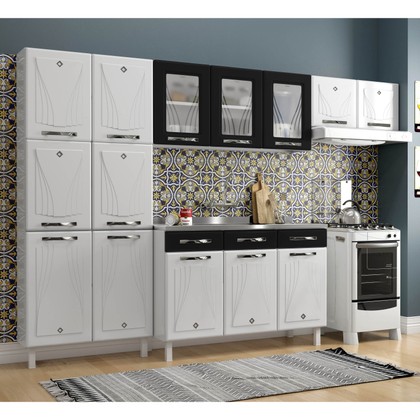Cozinha de Aço Completa Star New 3vidros Balcão P/ Pia Branco/Preto - Telasul