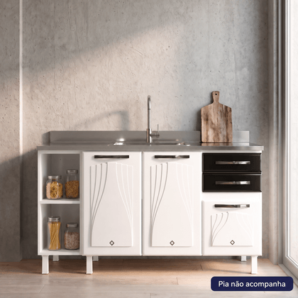 Balcão de Cozinha de Aço Star New 150cm para Pia Branco/Preto - Telasul