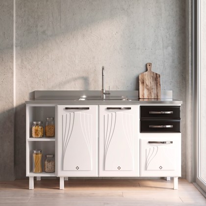 Balcão de Cozinha de Aço Star New 150cm para Pia Branco/Preto - Telasul