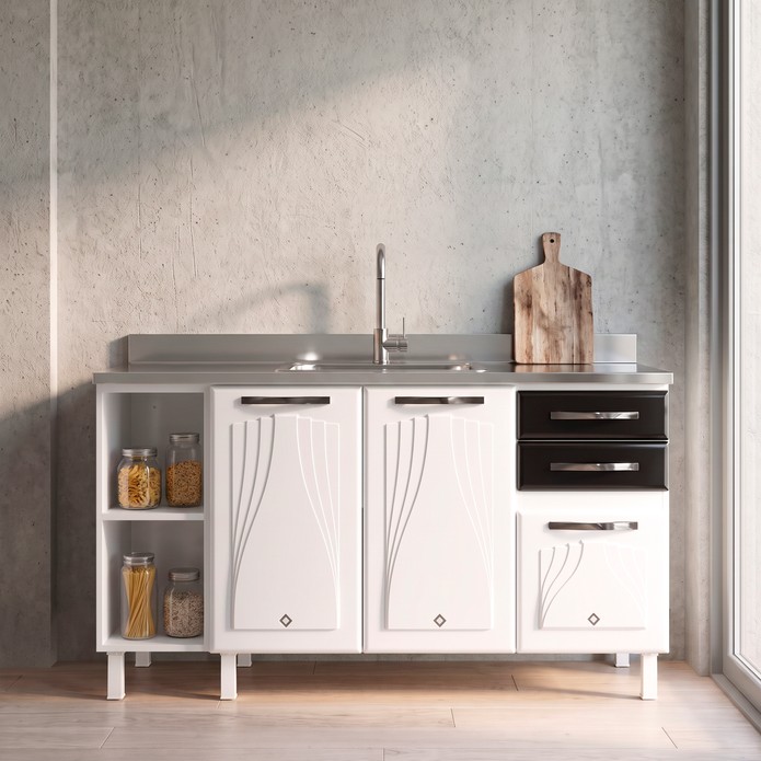 Balcão de Cozinha de Aço Star New 150cm para Pia Branco/Preto - Telasul