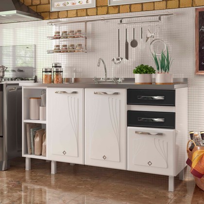 Balcão de Cozinha de Aço Star New 150cm para Pia Branco/Preto - Telasul