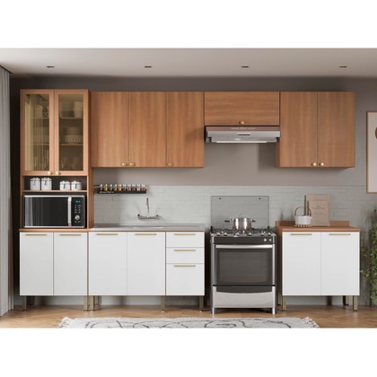 Cozinha Completa Sálvia 6 Peças C/ Paneleiro de Vidro Freijó/Branco - Telasul