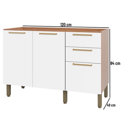 Balcão Gabinete Sálvia 120cm para Pia 3 Gavetas Freijó/Branco - Telasul