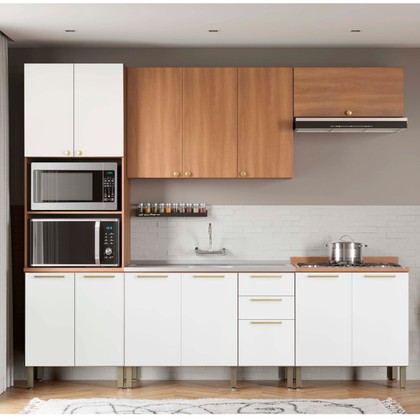 Cozinha Completa Sálvia C/ Torre Quente e Balcão Freijó/Branco - Telasul