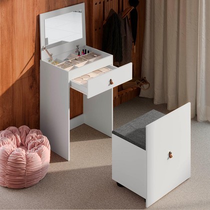 Penteadeira Cômoda Versa Home com Espelho e Banqueta Branco - Telasul
