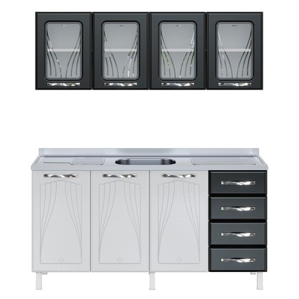 Armário de Cozinha de Aço Star 2 Peças com Vidro e Balcão para Pia Branco/Preto