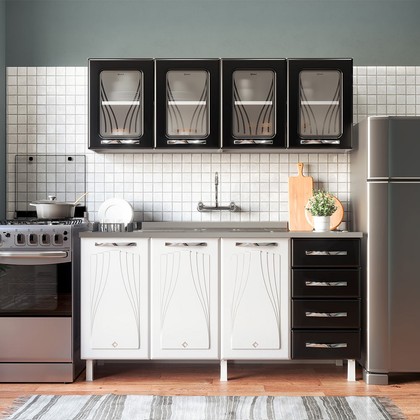 Armário de Cozinha de Aço Star 2 Peças com Vidro e Balcão para Pia Branco/Preto